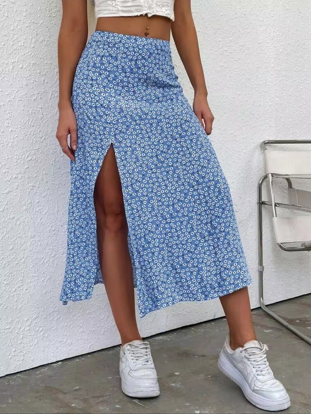 Blue Floral Split Midi Skirt - Women